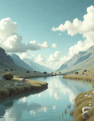 The primary subject of the image is a serene landscape featuring a large body of water, possibly a lake, surrounded by a lush green field. The water appears to be calm and reflective, creating a peaceful atmosphere. The setting includes a mountain range in the background, adding to the picturesque quality of the scene. The visual style of the image is a combination of digital art and illustration, creating a realistic yet artistic representation of the landscape. The colors and mood of the image are predominantly green and tranqu